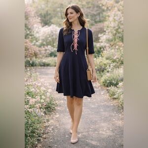 Maeve Anthropologie Navy Lace Up Fit and Flare Dress Medium